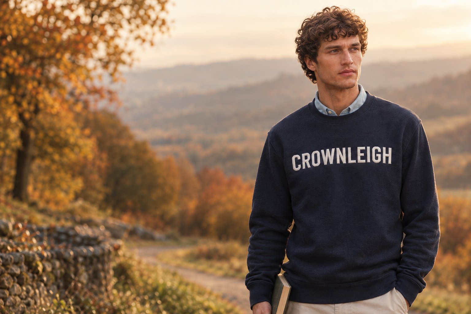 A man in a navy Crownleigh sweatshirt holding a book at sunset